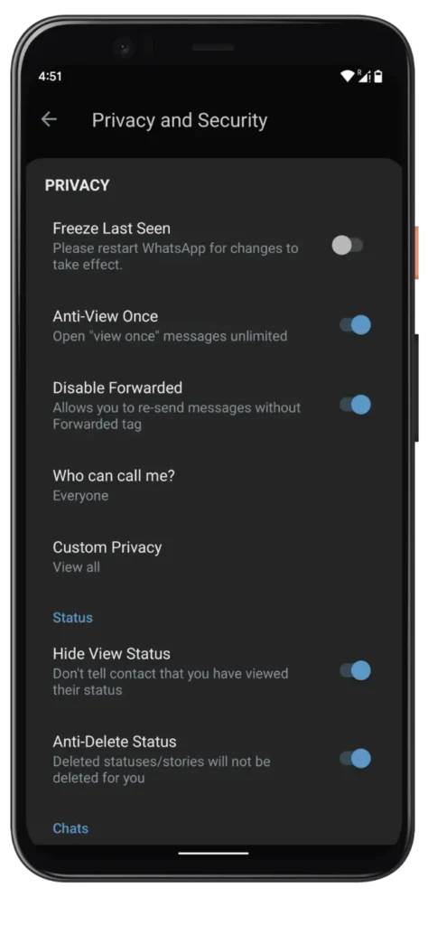 Mavi WhatsApp Plus Gizleme Seçenekleri